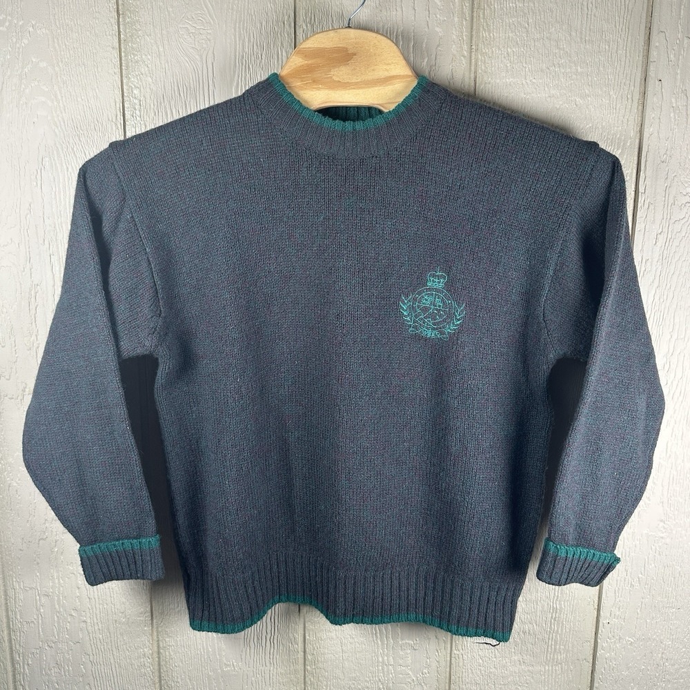 Vtg Hunting Horn 100% Pure Shetland Wool Sweater Grandpa Men's Large Crest Green